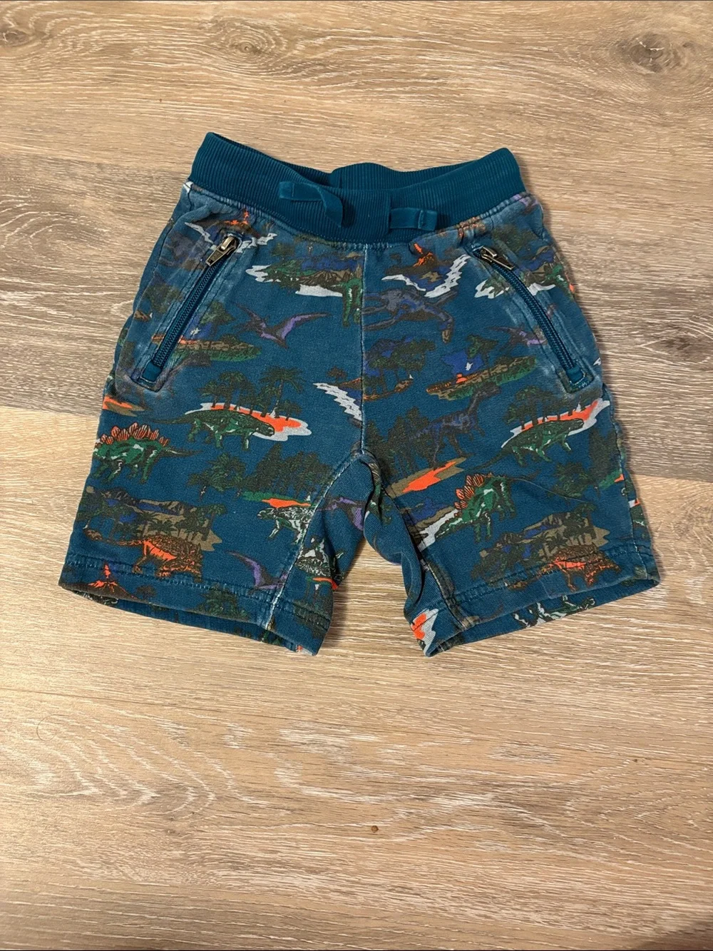 Hanna Andersson Teal Dinosaur Print Zip-Pocket Pull-On Shorts